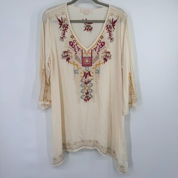 Solitaire Womens Embroidered V-Neck Tunic Top  Rayon Size Large ivory 3/4 sleeve - Picture 2 of 12